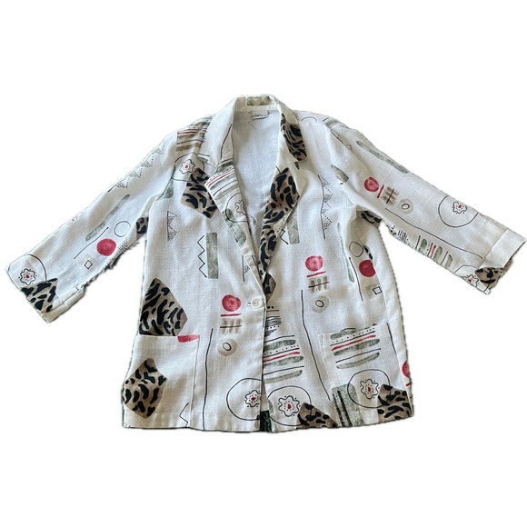 Modern Essentials Jackets & Blazers - Vintage 90s Geometric Leopard Linen Blend Blazer Jacket Sz L Funky Art Deco Chic